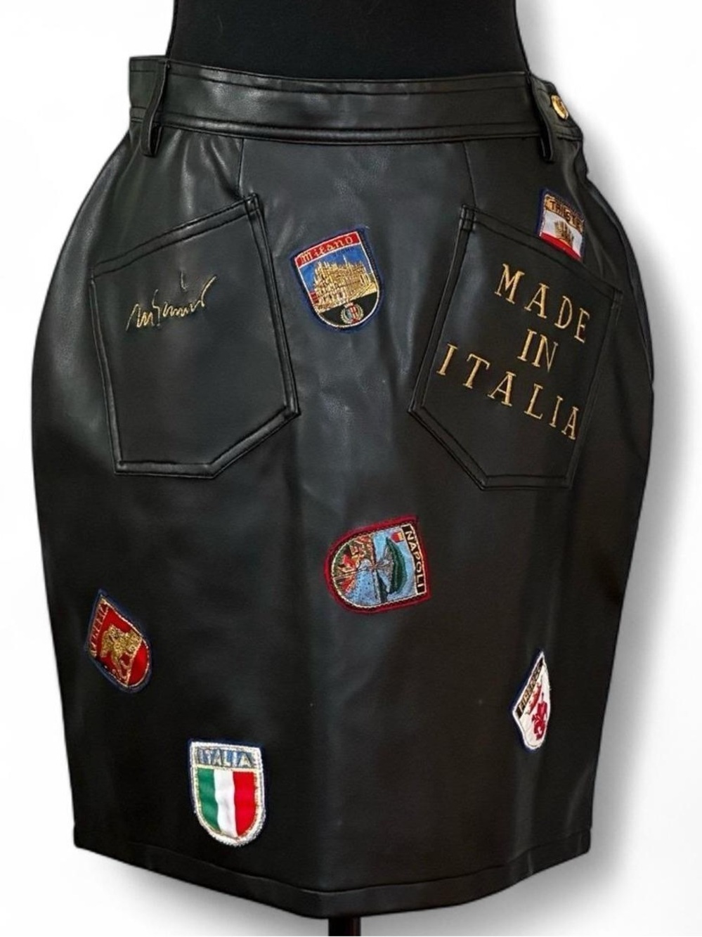 Vintage 90s Moschino Jeans Patch Faux Leather Skirt US 14
